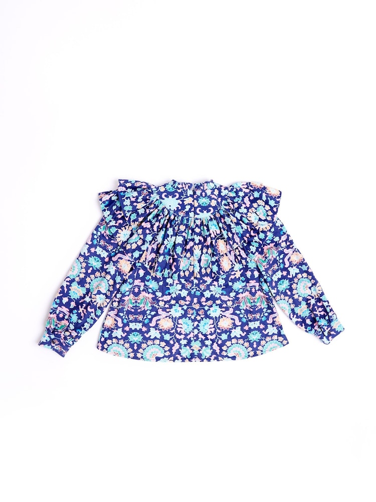 Nicole Miller Blue Floral Print Cotton Blouse - Image 2 of 7