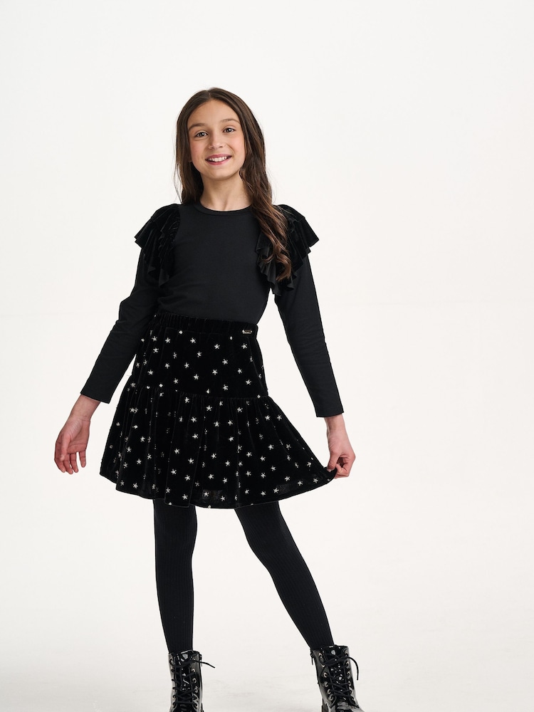 Nicole Miller Ruffle Trims Sleeve Long Sleeve 100% Cotton Black T-shirt - Image 1 of 7 Nicole Miller Ruffle Trims Sleeve Long Sleeve 100% Cotton Black T-shirt - Image 1 of 7