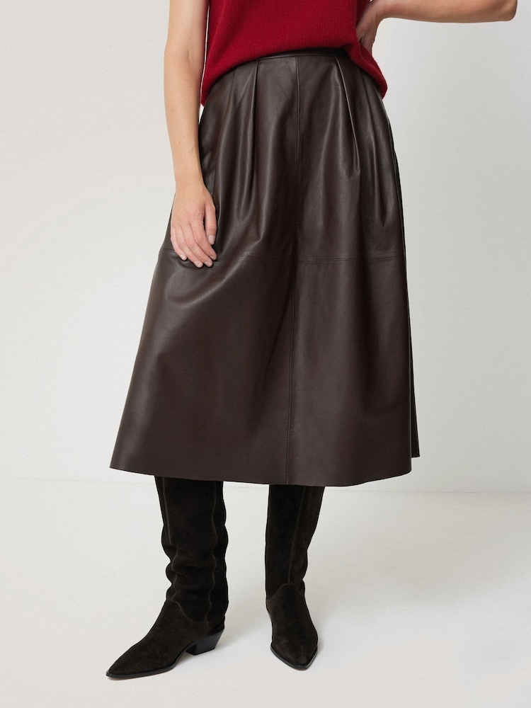 Jigsaw Brown Leather Pleat Midi Skirt - Image 1 of 7 Jigsaw Brown Leather Pleat Midi Skirt - Image 1 of 7