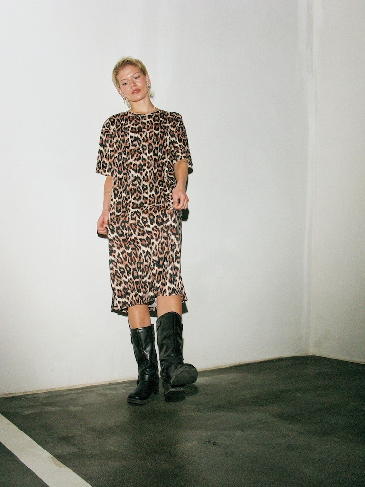 NOISY MAY Natural Leopard Print Oversized Midi T-Shirt Dress - Image 2 of 8