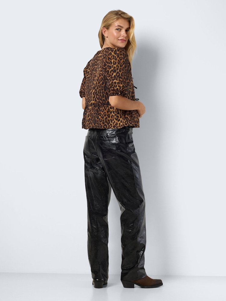 NOISY MAY Natural 100% Cotton Leopard Print Short Sleeve Tie Front Top - Image 2 of 6