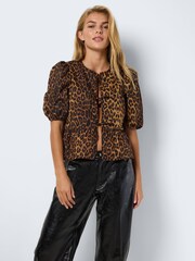 NOISY MAY Natural 100% Cotton Leopard Print Short Sleeve Tie Front Top - Image 5 of 6