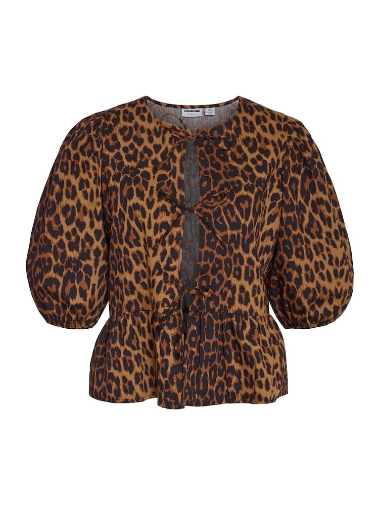 NOISY MAY Natural 100% Cotton Leopard Print Short Sleeve Tie Front Top - Image 6 of 6