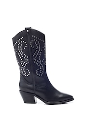 Moda in Pelle Black Serres Leather Long Western Boots With Stud Embellishments - Image 1 of 4