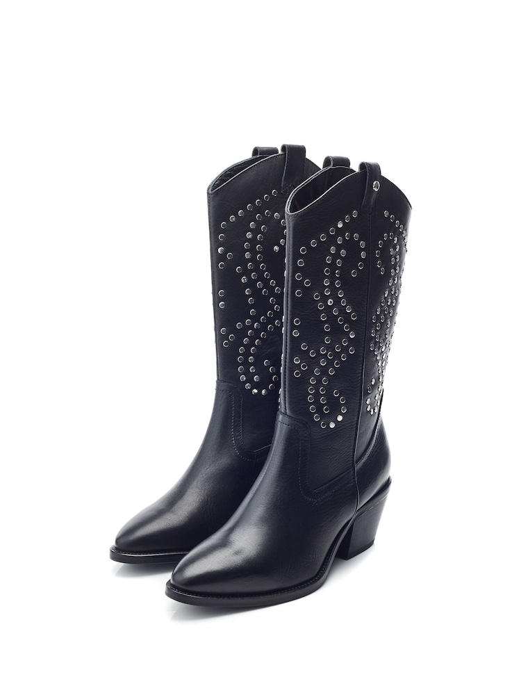 Moda in Pelle Black Serres Leather Long Western Boots With Stud Embellishments - Image 2 of 4