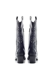 Moda in Pelle Black Serres Leather Long Western Boots With Stud Embellishments - Image 3 of 4