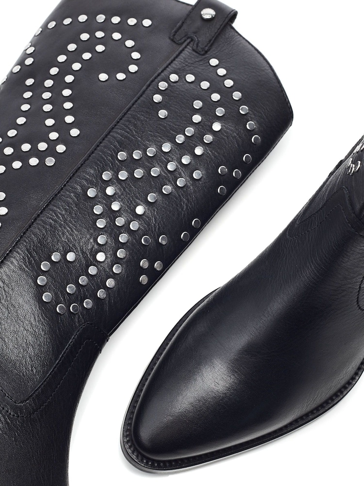 Moda in Pelle Black Serres Leather Long Western Boots With Stud Embellishments - Image 4 of 4