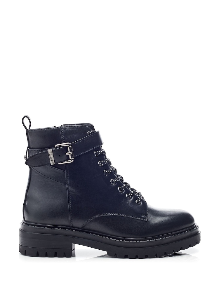 Moda in Pelle Omola Chunky Leather Ankle Black Boots With Lace up Front and Buckle Strap - Image 1 of 4