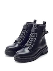 Moda in Pelle Omola Chunky Leather Ankle Black Boots With Lace up Front and Buckle Strap - Image 2 of 4