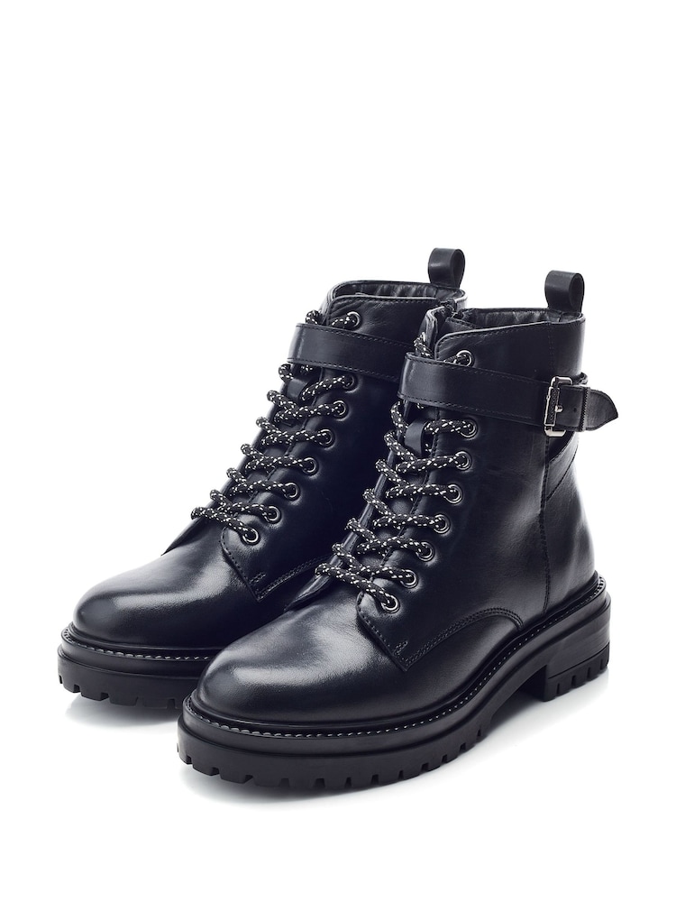 Moda in Pelle Omola Chunky Leather Ankle Black Boots With Lace up Front and Buckle Strap - Image 2 of 4