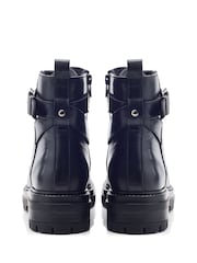 Moda in Pelle Omola Chunky Leather Ankle Black Boots With Lace up Front and Buckle Strap - Image 3 of 4