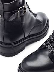 Moda in Pelle Omola Chunky Leather Ankle Black Boots With Lace up Front and Buckle Strap - Image 4 of 4