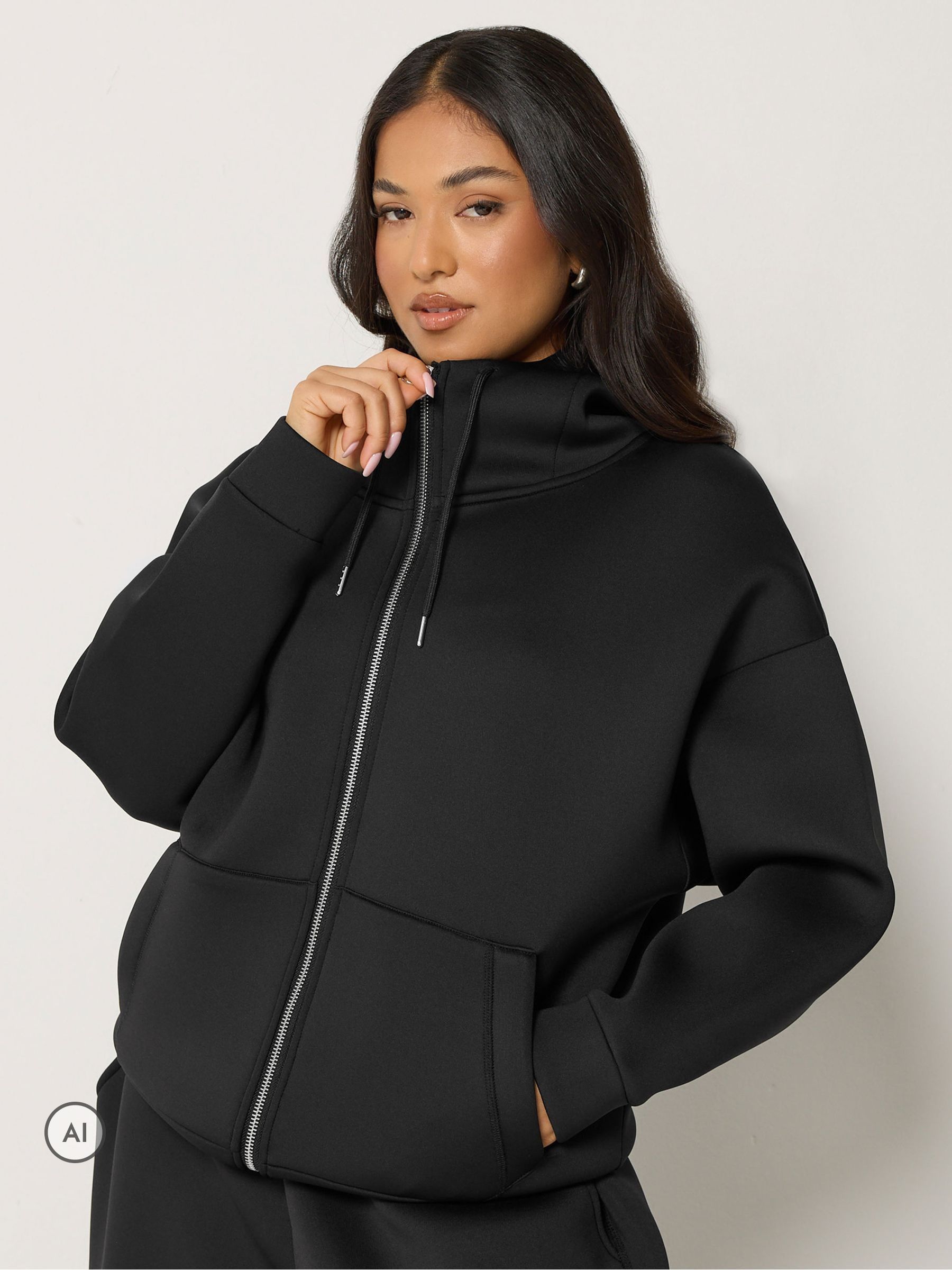 Pixiegirl Women's Black Petite Funnel Neck Zip Hoodie In | Size: 16 - Image 2