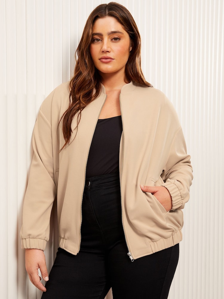 Friends Like These Camel Brown Curve Zip-Up Bomber Jacket - Image 1 of 5 Friends Like These Camel Brown Curve Zip-Up Bomber Jacket - Image 1 of 5