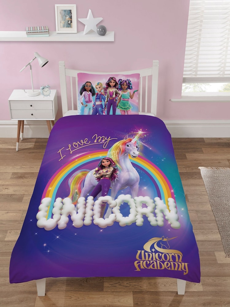 Unicorn Academy Multi Reversible Single Duvet Cover and Pillowcase Set - Image 1 of 3