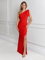 Sistaglam Red Millie One Shoulder Bow Ruched Maxi Dress with Split - Image 1 of 4