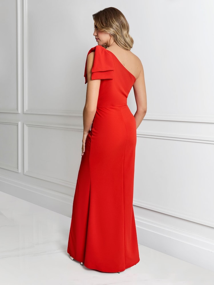 Sistaglam Red Millie One Shoulder Bow Ruched Maxi Dress with Split - Image 4 of 4