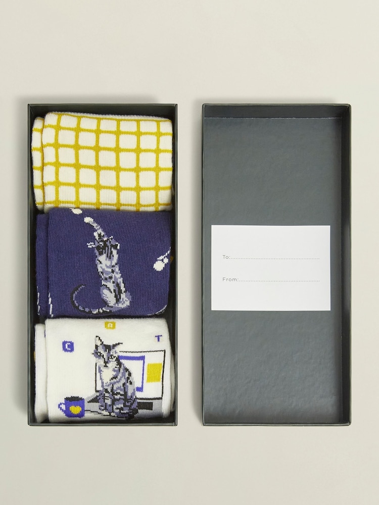 Hobbs Blue/Yellow/White Wfh Cat Socks Set - Image 2 of 3
