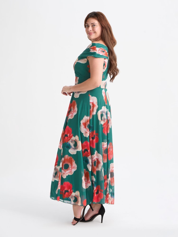 Scarlett & Jo Green Bardot Teal Red Print Maxi Dress - Image 3 of 3