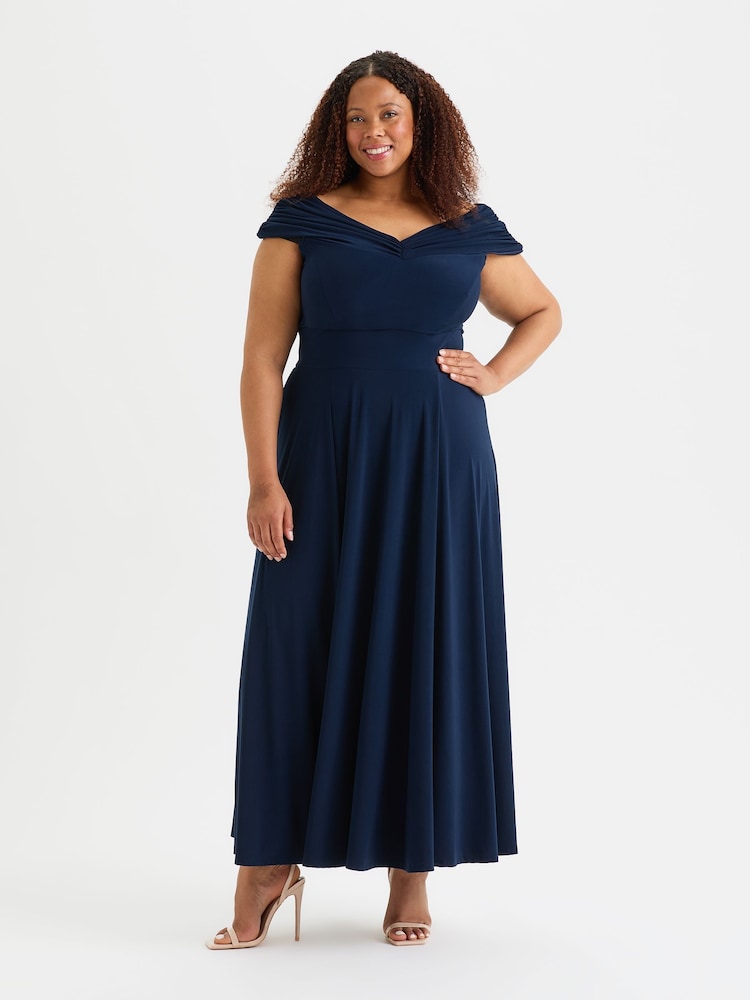 Scarlett & Jo Blue Bardot Solid Maxi Dress - Image 1 of 5