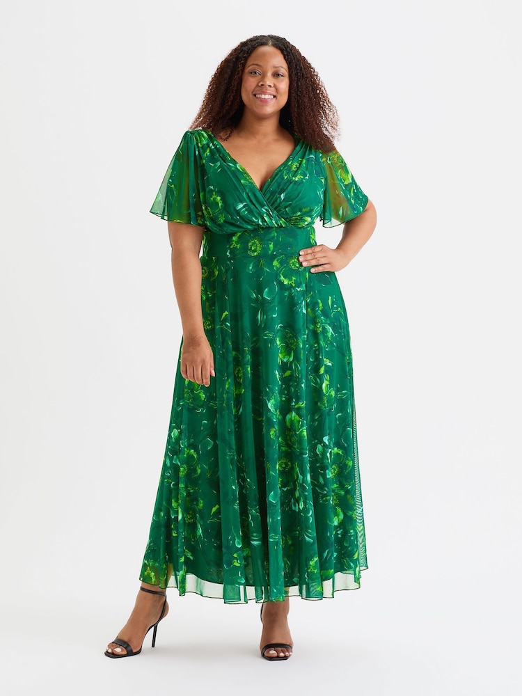 Scarlett & Jo Green Isabelle Winter Print Float Sleeve Maxi Dress - Image 1 of 5
