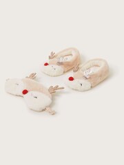 Monsoon Natural Fluffy Reindeer Slippers and Mask Set - Image 1 of 3