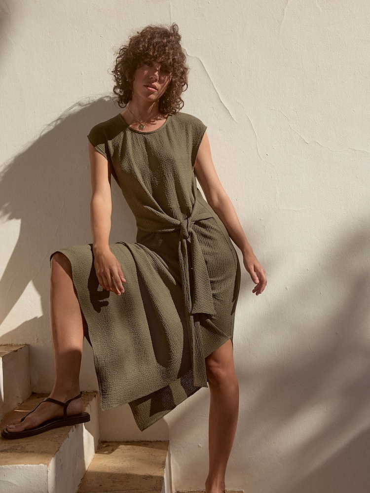 Khaki Green Textured Tie Waist T Dress - Image 2 of 7