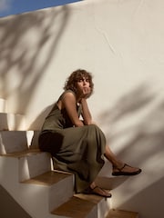Khaki Green Textured Tie Waist T Dress - Image 3 of 7