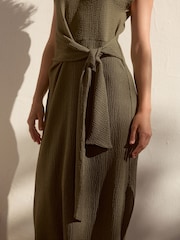 Khaki Green Textured Tie Waist T Dress - Image 5 of 7