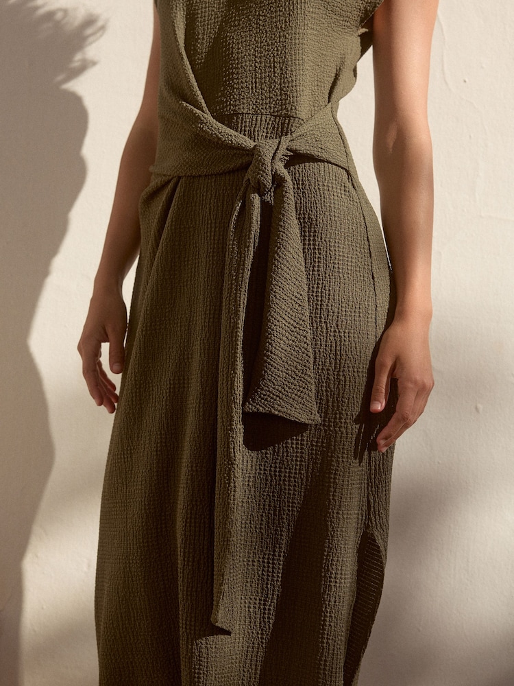 Khaki Green Textured Tie Waist T Dress - Image 5 of 7