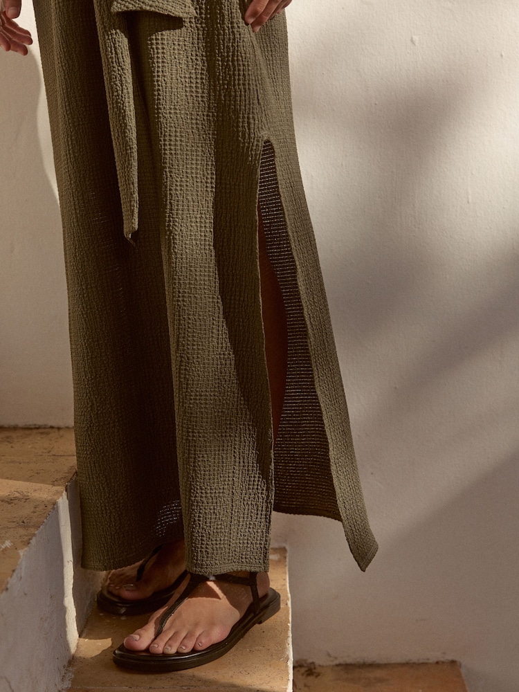 Khaki Green Textured Tie Waist T Dress - Image 6 of 7
