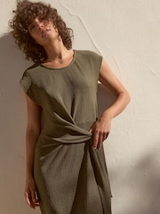 Khaki Green Textured Tie Waist T Dress - Image 7 of 7