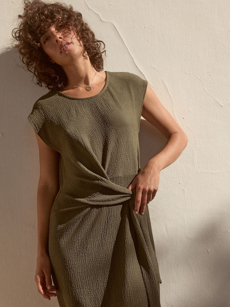 Khaki Green Textured Tie Waist T Dress - Image 7 of 7