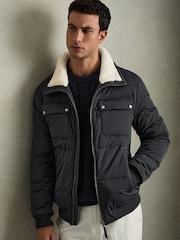 Reiss Navy/ White Borg Misty Faux-Fur Collar Puffer Jacket - Image 1 of 7