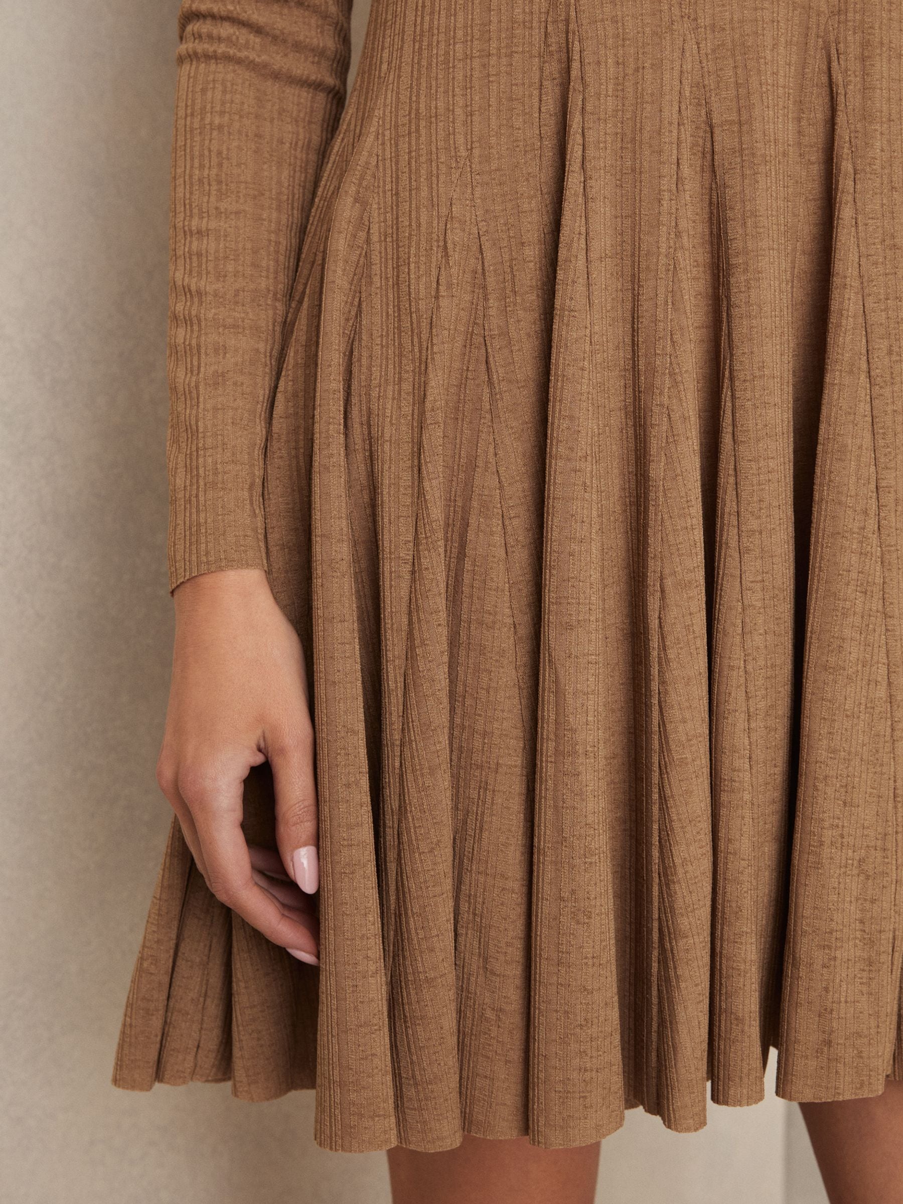 Buy Reiss Camel Savannah Jersey Ribbed Flared Mini Dress