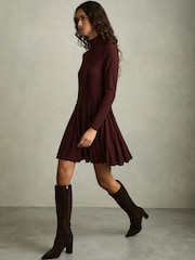 Reiss Burgundy Savannah Jersey Ribbed Flared Mini Dress - Image 1 of 6