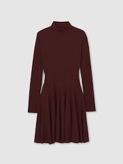 Reiss Burgundy Savannah Jersey Ribbed Flared Mini Dress - Image 2 of 6