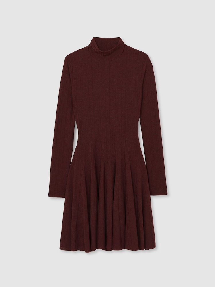 Reiss Burgundy Savannah Jersey Ribbed Flared Mini Dress - Image 2 of 6