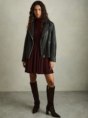 Reiss Burgundy Savannah Jersey Ribbed Flared Mini Dress - Image 3 of 6