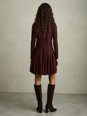 Reiss Burgundy Savannah Jersey Ribbed Flared Mini Dress - Image 5 of 6