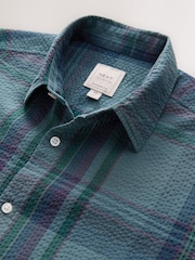 Blue/Green Madras Regular Fit 100% Cotton Check Seersucker Short Sleeve Smart Shirt - Image 2 of 3