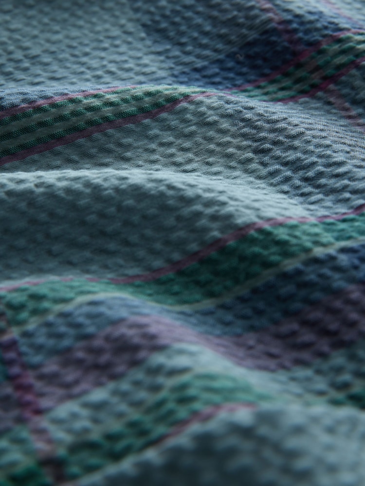 Blue/Green Madras Regular Fit 100% Cotton Check Seersucker Short Sleeve Smart Shirt - Image 3 of 3