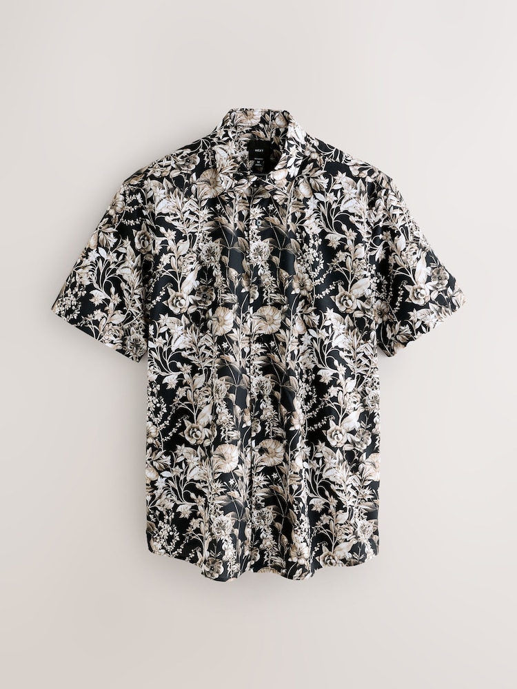 Black Mono Regular Fit Kew Collection 100% Cotton Floral Short Sleeve Shirt - Image 1 of 3