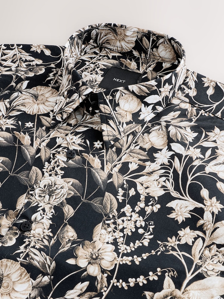Black Mono Regular Fit Kew Collection 100% Cotton Floral Short Sleeve Shirt - Image 2 of 3