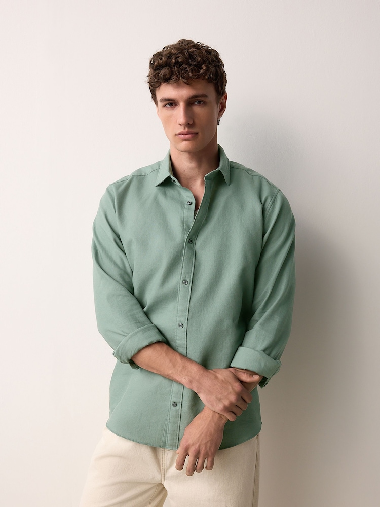 أخضر فاتح - Washed Dobby Long Sleeve Smart Cutaway Collar 100% Cotton Shirt - صورة 1 من 9