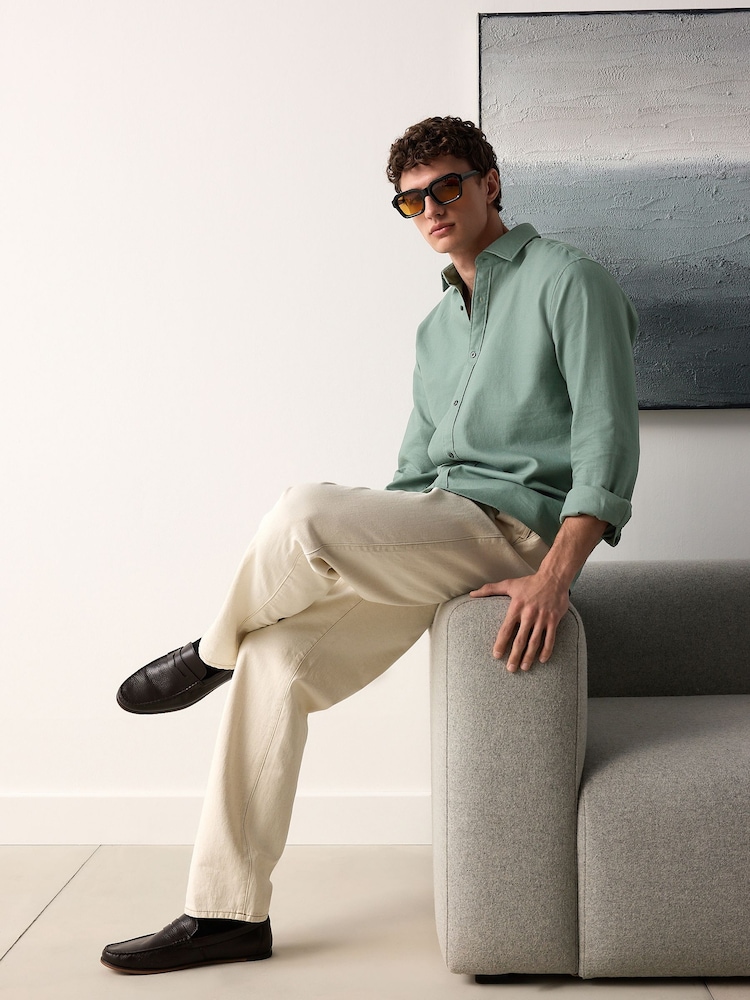 Sage Green Regular Fit Washed Dobby Long Sleeve Smart Cutaway Collar 100% Cotton Shirt - Image 3 of 8