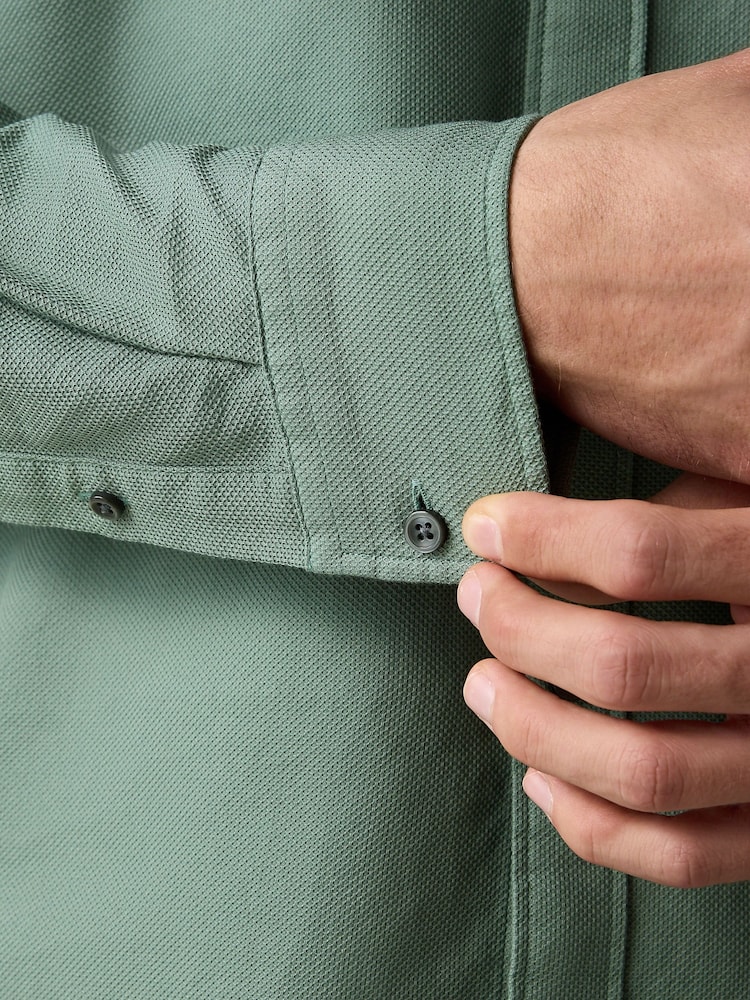 Sage Green Regular Fit Washed Dobby Long Sleeve Smart Cutaway Collar 100% Cotton Shirt - Image 5 of 8