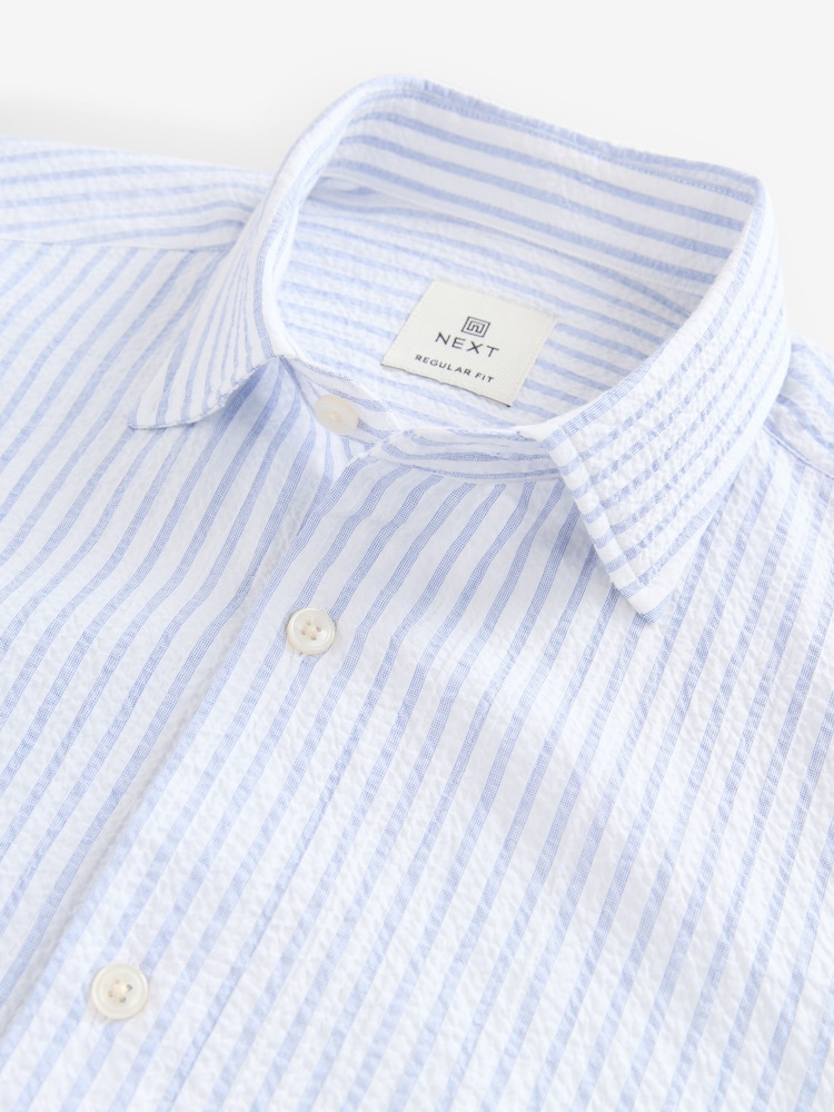 Blue Stripe Regular Fit Short Sleeve Seersucker Shirt - Image 7 of 7