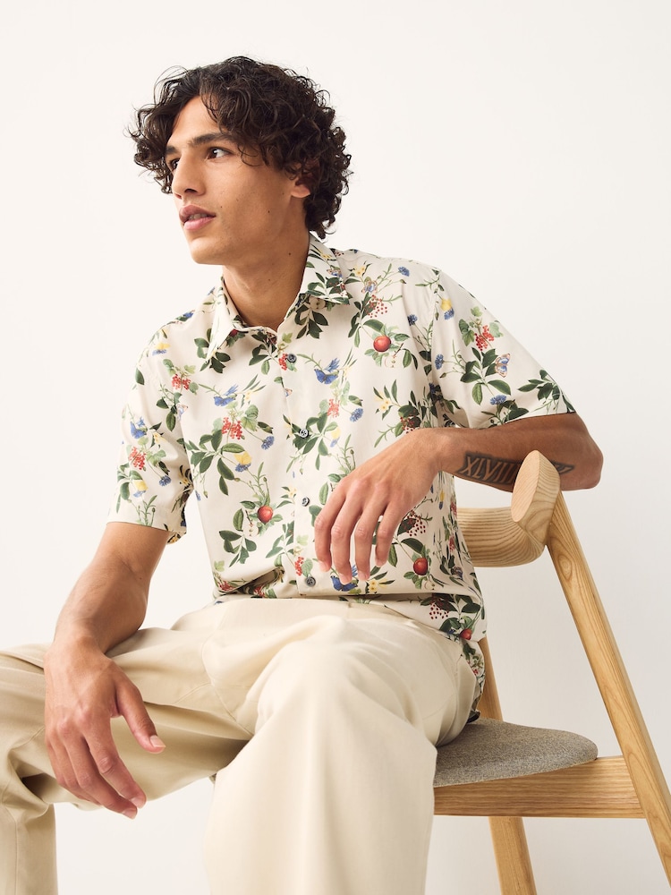 Ecru White Regular Fit Kew Collection 100% Cotton Floral Short Sleeve Shirt - Image 1 of 8 Ecru White Regular Fit Kew Collection 100% Cotton Floral Short Sleeve Shirt - Image 1 of 8