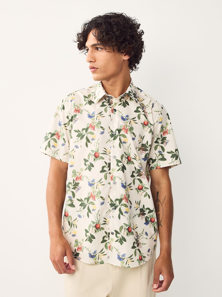 Ecru White Regular Fit Kew Collection 100% Cotton Floral Short Sleeve Shirt - Image 2 of 8 Ecru White Regular Fit Kew Collection 100% Cotton Floral Short Sleeve Shirt - Image 2 of 8